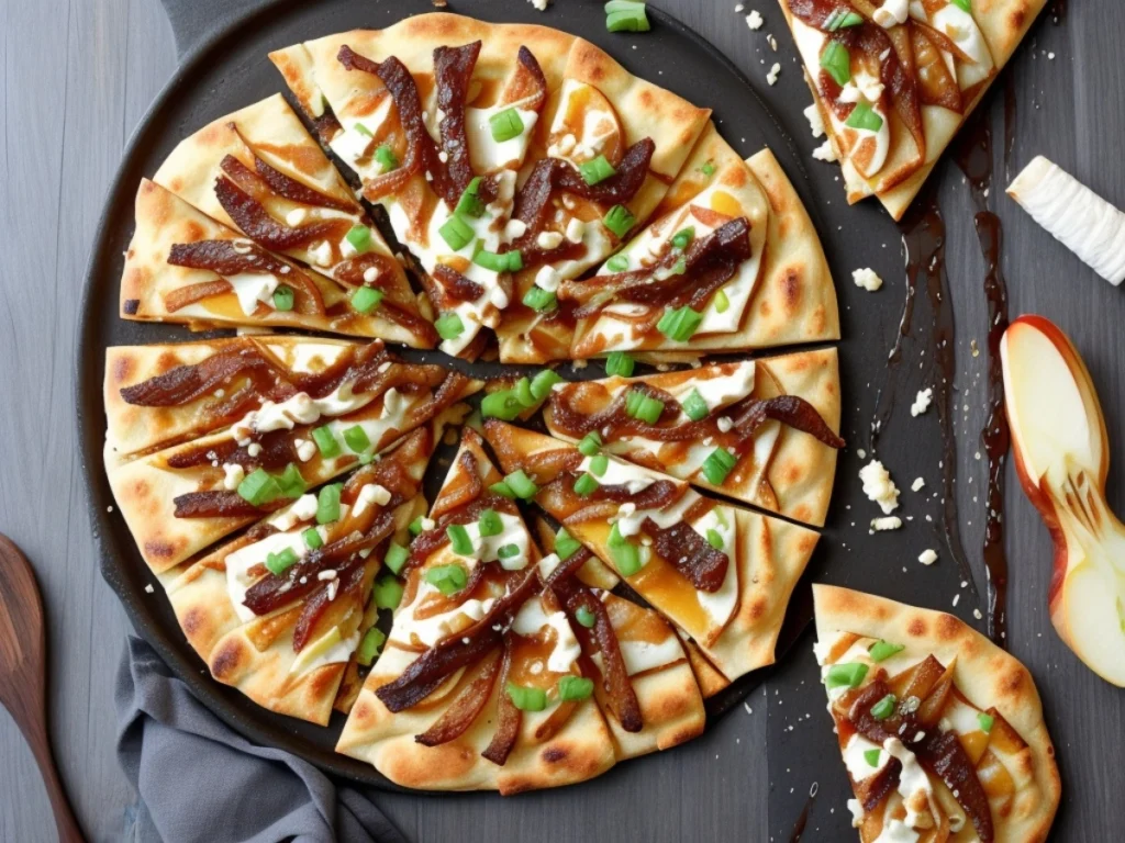 Apple Brie and Caramelized Onion Flatbread with Crispy Beef and Honey Drizzle