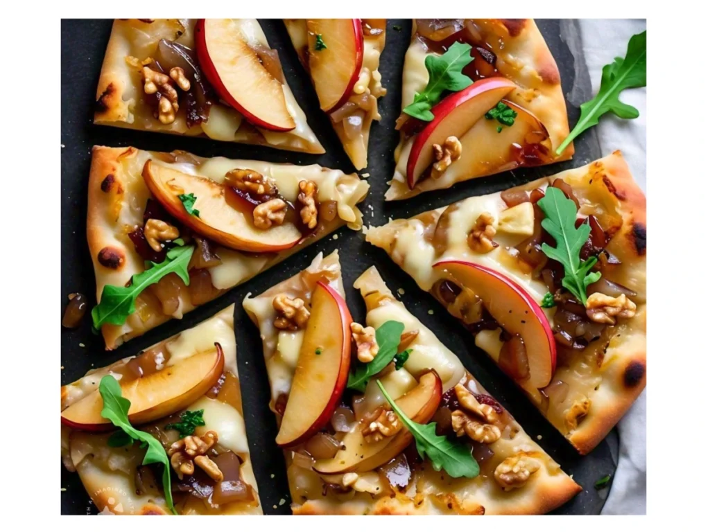 Apple Brie and Caramelized Onion Flatbread with Walnut and Arugula  